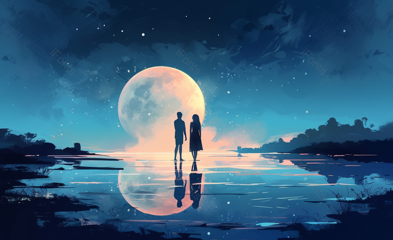 蓝色系月亮星空下情侣海边约会背景图,插画/手绘图,插画/手绘图库,插画/手绘图下载,插画/手绘